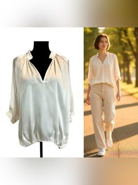 BCBGeneration ivory light cream textured blouse V-neck raglan sleeves S classy